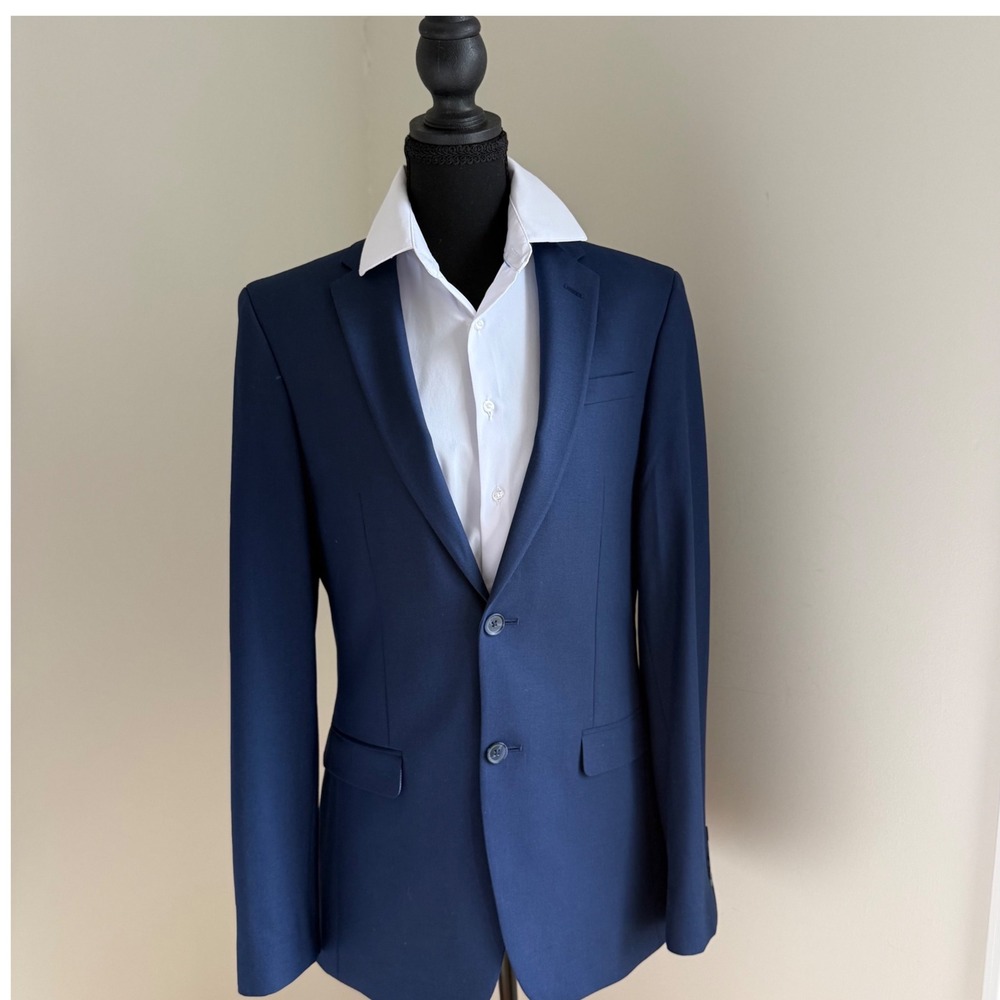 Egara Slim Skinny Fit 2 piece Suit 38L Blue Stretch Blazer Pants 35x30 Modern